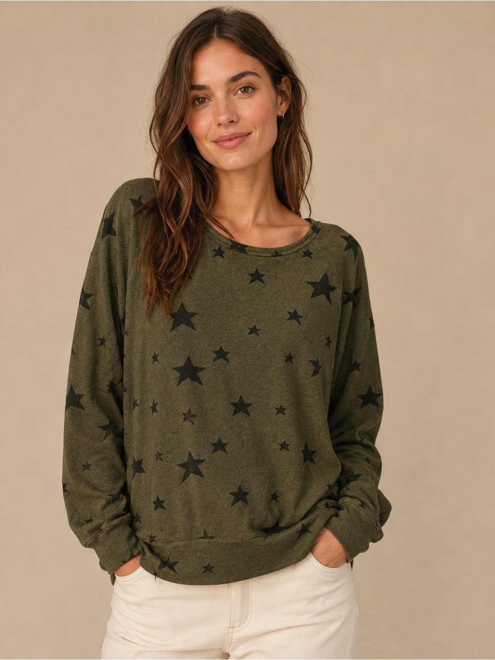 Buffalo David Bitton Olive Green Star Print Crewneck Sweater Size Large